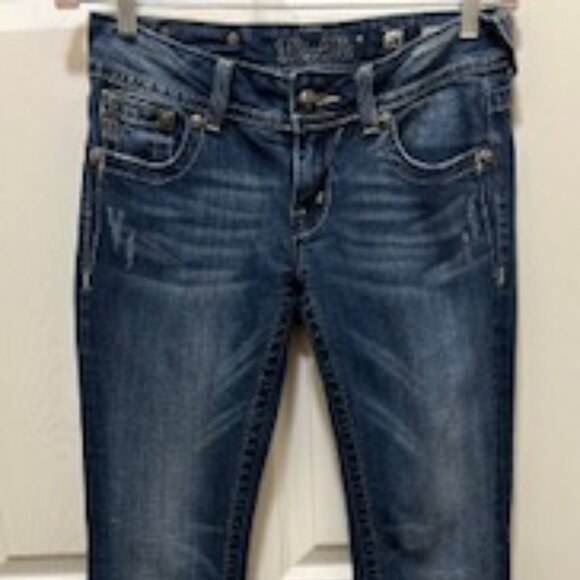 RARE MISS ME JEANS; LOW RISE  BOOTCUT EMBELLISHED SEQUIN SPLIT  WINGS  POCKETS - Picture 2 of 16